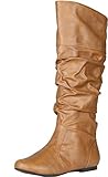 Qupid Women's Neo144 Leatherette Basic Slouchy Knee High Flat Boot,Cognac Pu,7.5