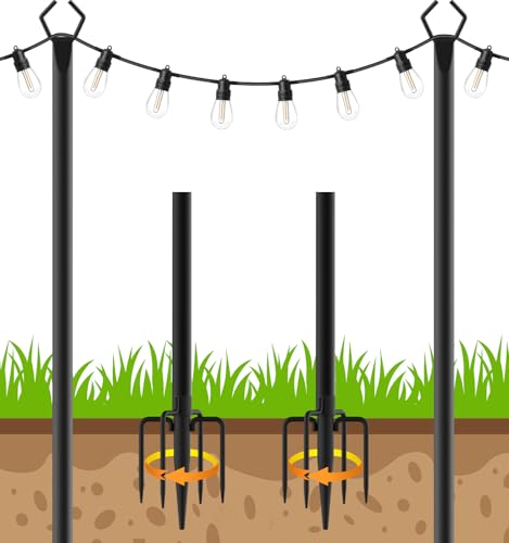 AHRLHR 2 Pack String Light Poles, Outdoor String Light Pole 10ft Forked Metal Light Pole with Adjustable Outdoor Light Stand, Deck, Backyard, Garden, Wedding, Rustproof and Sturdy with Hooks
