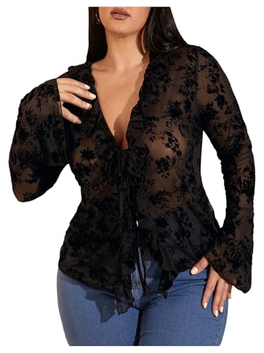 WDIRARA Women's Plus Size Floral Lace Sheer T Shirt Tie Front Long Bell Sleeve Tee Tops Black 3X-Large Plus