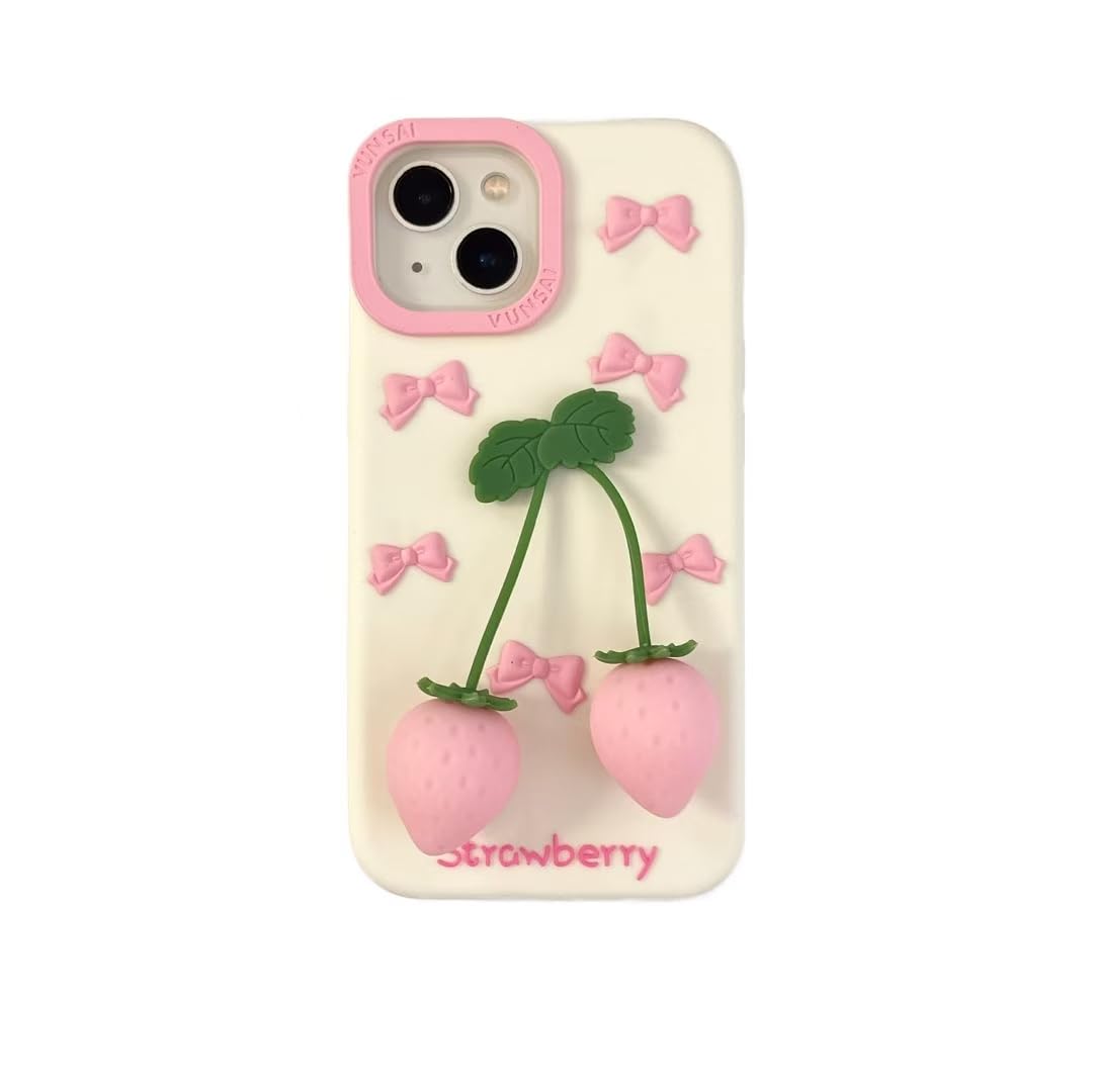 Poynixorium Bowknot Case for iPhone 16 6.1 inch,3D Cute Kawaii Unique Novel Character Bow with Strawberry Pendant Soft Silicone Case for Kids Girls