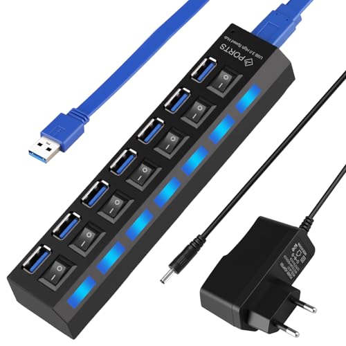 Concentrador USB 7 Puertos 3.0 + 2.0 Alimentado con Interruptores LED Individuales, Regleta USB con Adaptador de Corriente 5V/2A, Multipuerto para PC Portátil Mouse Keyboard