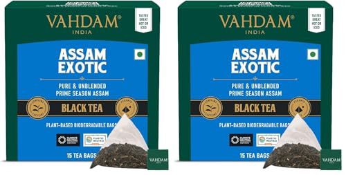 Image of VAHDAM, Assam Black Tea (15 Tea Bags) - Long Leaf Assam Tea Bags - RICH & MALTY - Breakfast Tea Bags, FTGFOP1 Grade, Pure Unblended Assam Tea Loose Leaf - 15 Pyramid Tea Bags (Pack of 2)