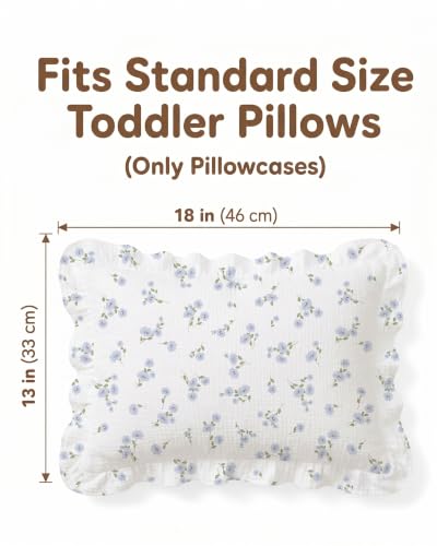 Image of Muslin Ruffled Toddler Pillowcases 13 inchx18 inch 2 Pack, Soft, Breathable Muslin Cotton Travel Pillow Covers with Envelope Closure for Baby Boys, Girls & Kids (Blue Meadow-Ruffled, 13 x 18 Inch)