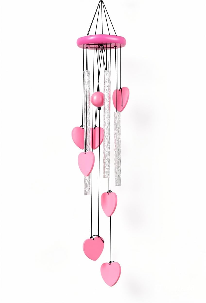 Eminent Pink Heart Wind Chime for Home Decor Balcony Bedroom | Musical Hanging Wind Chime with Heart Charms | Romantic Decorative Hanging for Living Room Garden Cafe Girls Room Decoration-image-13