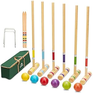 ApudArmis Six Player Croquet Set with Premiun Pine Wooden Mallets 28In Colored Ball Wickets Stakes - Lawn Backyard Game Set