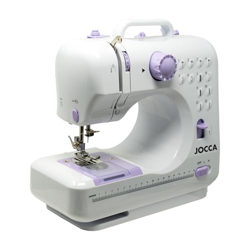 Jocca Máquina de Coser Portátil con 12 Puntadas, Brazo Libre, Doble Velocidad, Luz LED, Ojal en 4 Pasos, Accesorios Incluidos y Uso con Cable o Pilas