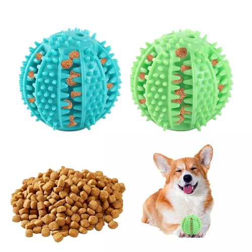NEERIX Futterball für Kleine Große Hunde,Zahnpflege Hunde Spielsachen,Naturkautschuk Hundespielzeug Intelligenz Ball,Interaktiver Leckerli Spender,Zahnreinigung, IQ Training(5 cm, Blau,Grün)