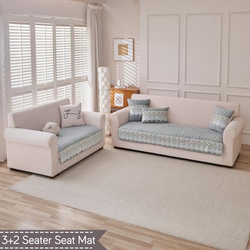 Image of HOKIPO 'BelleLace Series' Sofa Mat for 3 Seater and 2 Seater Sofa | Imperial Milk Velvet Sofa Cover with Lace Design | Cloud Grey (AR-5966+5964-LGRY)