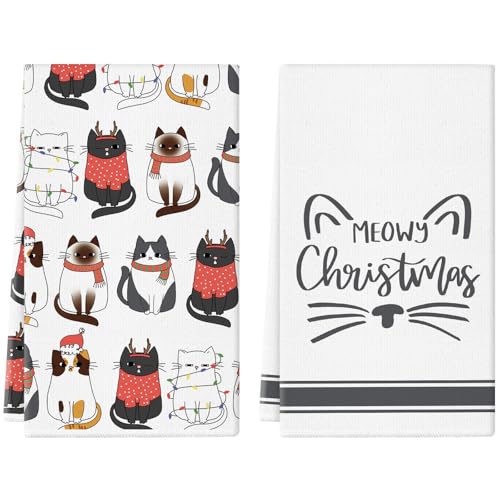 QIONG MENG Christmas Kitchen Towels Set of 2 Cute Cats Meowy Christmas Hand Towels Dish Towels for Winter Xmas Holiday Home Kitchen Decoration 18x26 Inch