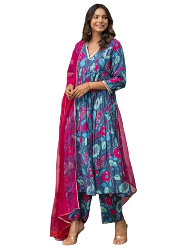 Image of Tee Projekt Women's Cotton Blend V-Neck Anarkali Kurta Pant with Dupatta Set