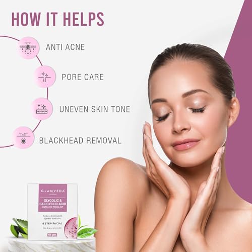 Image of Glamveda Glycolic & Salicylic Anti Acne Facial Kit (Pack Of 3) 120 gm | Pimple Care & Brightening Facial Kit For Women| No Paraben, SLS |