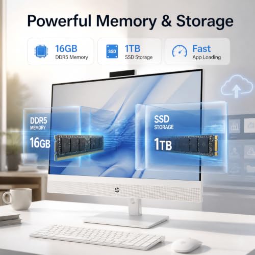 Image of HP OmniStudio 27 Inch All-in-One Desktop PC, Intel Core Ultra 7 355 Processor, 16 GB DDR5 RAM, 1 TB SSD, 27 inch Full HD Touchscreen Display, Adjustable Height, 49 TOPS AI PC, Windows 11 Pro, Cotton White