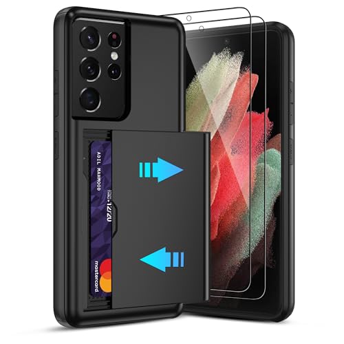 Pilaru for Samsung Galaxy S21 Ultra Case with Card Holder and (2 Pcs) HD Screen Protector Slim Heavy Duty Dual Layer Shockproof Design & Hidden Card Slot Wallet Case for S21 Ultra-Black