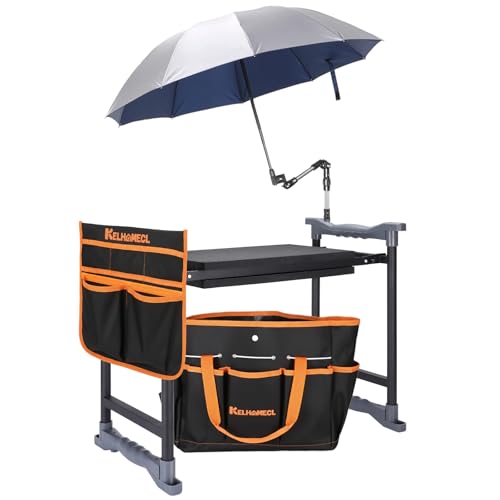 Garden Kneeler and Seat with Umbrella, 2-in-1 Foldable Gardening Stool with Adjustable Bracket, Detachable Tool Bags, Heavy Duty Kneeling Pad for Gardening (Black Orange)