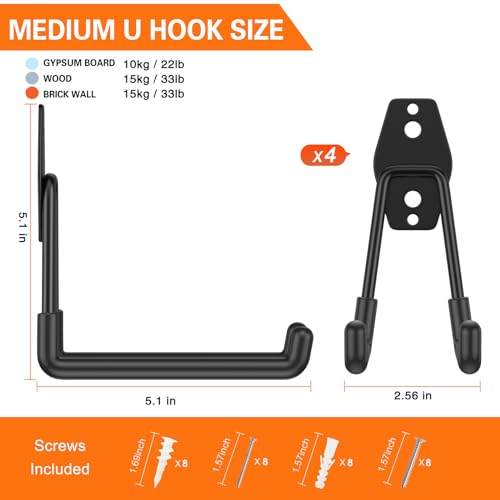 Hupbipy 4 Pack Garage Hooks Heavy Duty,Utility Steel Garage Storage Hooks,Wall Mount Garage Hanger&Organizer For Organizing Garden Lawn Tools,Ladders,Bulk Items,Bikes,Ropes And More Equipment thumb #1