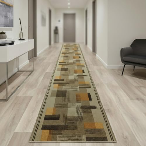 Alfombra Pasillera Mosaico – Fácil de Limpiar y Resistente – Ideal para Pasillos, Entradas y Cocinas – Disponible en Marrón y Gris (Mosaico marrón 67x400 cm)