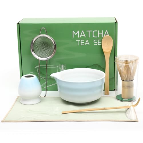 Wusboo Matcha Set 8-Teiliges (Gradient Blau), Matcha Schale, Besen und Besen Halter, Teelöffel und Halter, Sieb und Weitere Zubehörteile – Ideal für Matcha-Liebhaber, Mit Geschenkbox Macha Tea Set Wusboo Matcha Set 8-Teiliges (Gradient Blau), Matcha Schale, Besen und Besen Halter, Teelöffel und Halter, Sieb und Weitere Zubehörteile – Ideal für Matcha-Liebhaber, Mit Geschenkbox Macha Tea Set