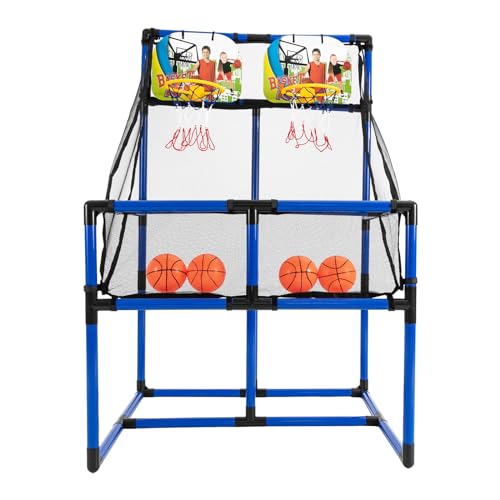 Arcade - Canasta de baloncesto con soporte, juego de 2 jugadores con 2 cestas, 4 pelotas, bomba, aro de baloncesto para interiores