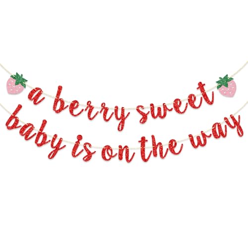 Firefairy Pancarta de fresa para baby shower, preencordada A Berry Sweet Baby is on the Way, decoración de baby shower, pancarta de bienvenida de bayas (purpurina roja)