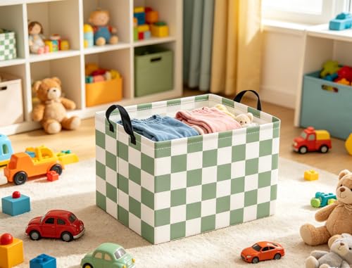 Image of Rectangular Kids Basket Baby Girl Basket Fabric Storage Bin Organizer Box Room Decor(Green Checkered)