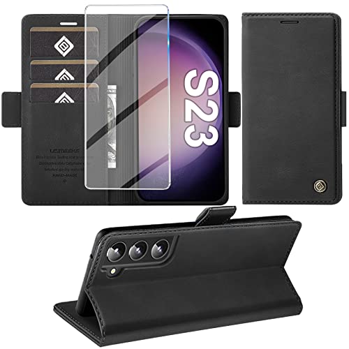 Handyhülle für Samsung Galaxy S23 5G Hülle mit Panzerglas Schutzfolie, Standfunktion Kartenfach Wallet Premium Leder Schutzhülle S23 5G Flip Case Cover Stoßfeste Klapphülle S23 5G 6.1 Zoll (Schwarz) Cover