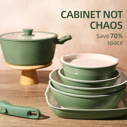BECIGAR 23pcs Ceramic Pots and Pans Set, Nonstick Detachable Handle Cookware, Induction Kitchen Cooking Set with Removable Handle,include Frying Pans & Saucepans Oven Safe(Green) - Image 3