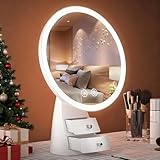 Makeup Mirror with Lights, Make Up Desk Mirror with Organizer, Rechargeable Touch Control 3 Color Lights and Adjustable Brightness, Lighted Vanity Mirror for Desk, Dresser Tabletop, Gifts for Women