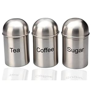REBOUND Tea Coffee Sugar Canisters With Airtight Lid – Set Of 3 Polished Stainless Steel Silver Grey Kitchen Storage Jars/Containers