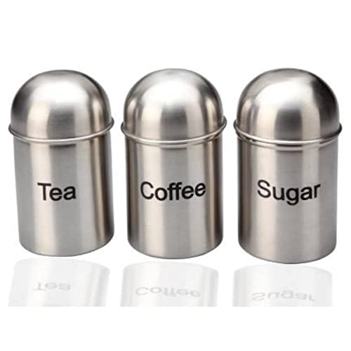 REBOUND Tea Coffee Sugar Canisters With Airtight Lid - Set Of 3 Polished Stainless Steel Silver Grey Kitchen Storage Jars/Containers