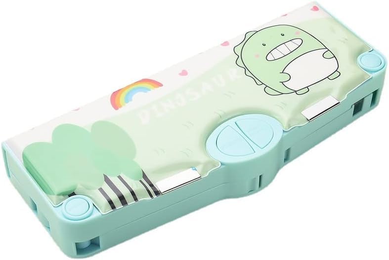VesVas Cute Pencil Case, Unisex, Learning Stationery, Set of 6, Eraser, Pencil Sharpener, Tape, Ruler, Safety Scissors, Cartoon Pattern, ABS, Elementary School Entrance Celebration, Gift, Green Dyo : 