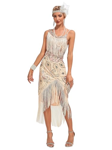 VILOREE Vestido sexy de lantejoulas para mulher, sem mangas, bodycon de salão de baile, vestido de clube, com borlas, vestido com franjas, vestido brilhante, sem costas, Bege, L