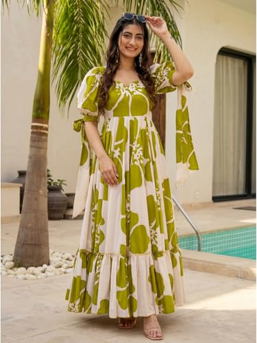 Image of Modestouze Attires Women's Floral Pattern Rayon Blend Maxi Dress with Sweetheart Neck Half Puff Sleeve Floor Length and Zipper Closure Type | Maxi Dress for Women Stylish | Dress for Women