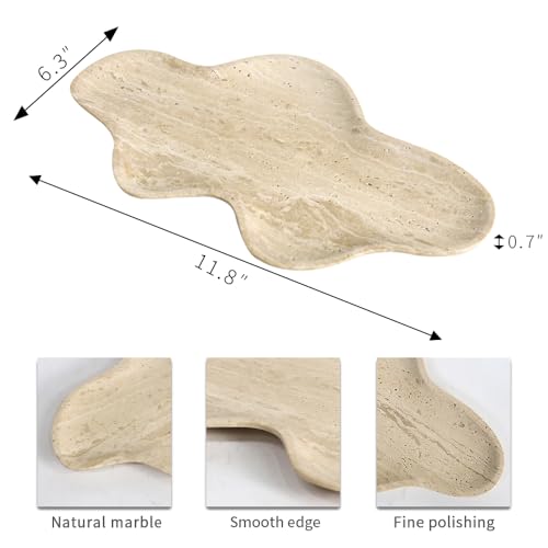 Handcrafted Travertine Decorative Tray, Cloud Shaped Tray for Vanity, Unique Trinket Dish for Jewelry Ring Necklace, Natural Stone Key Tray for Entrance Living Room Vanity (Beige 11.8\" x 6.3\")