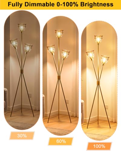 Image of Lightdot 3-Lights Glass Tripod Floor Lamp Gold Dimmable Floor Lamps with 3000K Warm White Bulbs for Wedding Party 62IN Tall Standing Lamp with Amber Glass Shade for Living Room /Bedroom /Home Decor