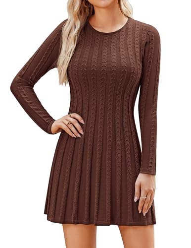 Hotouch Herbstkleid Damen Langarm Pulloverkleid Herbst Strickkleid Winter Rundhals Elegant Knielang Freizeit A Linien Kleider Kleid Braun L