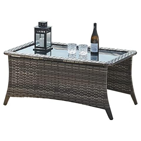 HUMMUH Outdoor Coffee Table Patio Rattan Patio Side Table Built-in Black Glass Top PE Wicker Rectangle Sofa Table Grey Cover