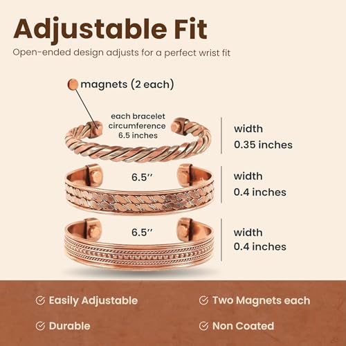 Image of Touchstone copper bracelets | gift for men women |adjustable 100% pure solid real magnetic jewelry | handmade bracelet set combo | rope braided tibetan bangles.
