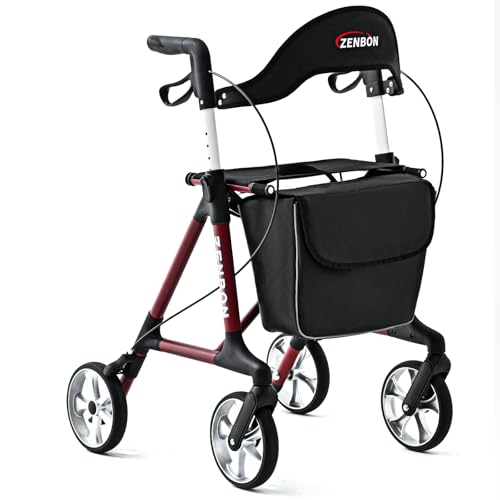Rollator Walker for Seniors/Adults Foldable Rolling Walker with Seat 330 lbs Capacity 4 Big 7.9 inch Wheels Hand Grips Adjustable Height Lightweight Durable Aluminum Walker Removable Back Support