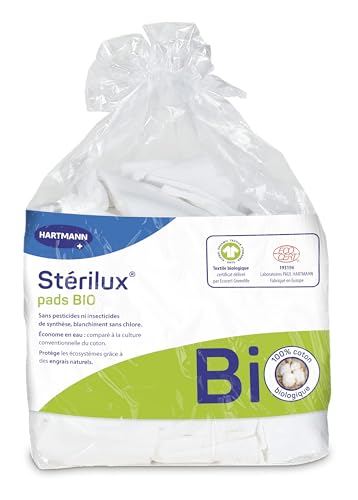 Sterilux Pads BIO - Rectangles De Coton Biologique - Doux - Ne Peluchent Pas - 7,5 x 9,5 cm - 160 Unités