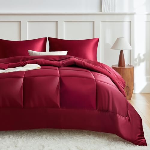 MR&HM Full Size Comforter Set Burgundy, Reversible Satin Microfiber Comforter Set for All Seasons, 3 Pieces Non-Slip Silky Soft Bedding Sets with 1 Comforter (82"x86") and 2 Pillowcases (20"x26")