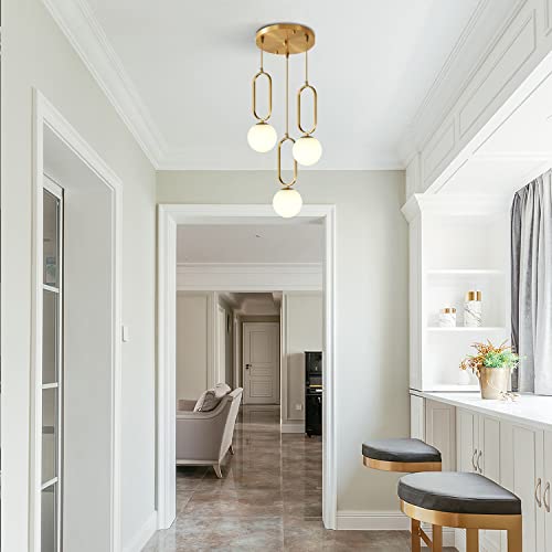 Image of 3-Light Globe Glass Pendant Light, Brass Ceiling lamp, Modern Gold Pendant Light, Frosted Milky White Ceiling lamp for Bedroom Living Room Kitchen