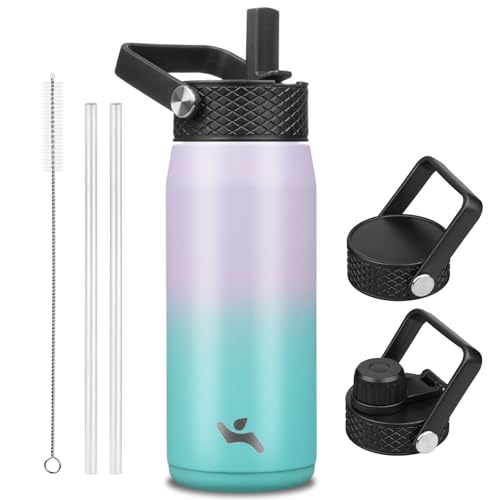 Image of Konokyo 20oz Insulated Stainless Steel Water Bottle with 3 Lids, Leakproof BPA-Free Bottle with Straw Lid, Sip Lid and Flex Cap for Gym, Travel, School, Office, Oasis