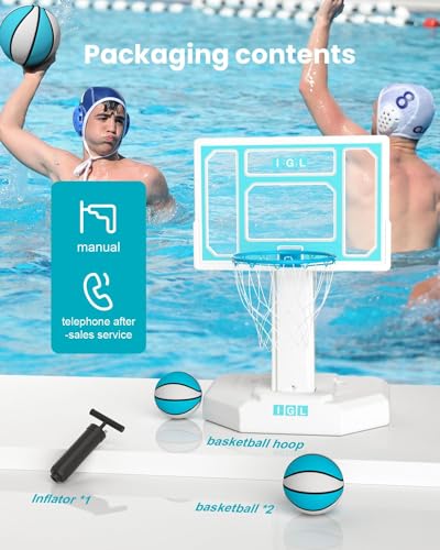 Image of IGL Pool Basketball Hoop Outdoor, Outdoor Poolside Basketball Hoop, Base & Stand Double Water Storage with 2 Ball & Inflator, Stainless Steel Basketball Rim, Fixed Height