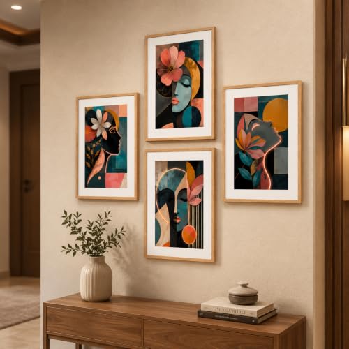 Image of Livin'luxe Set of 4 Abstract Face Floral Wall Paintings with Sparkle Laminate and Premium Wooden Synthetic Frame for Living Room Bedroom Office Decor (13.5 x 19.5 Inch)