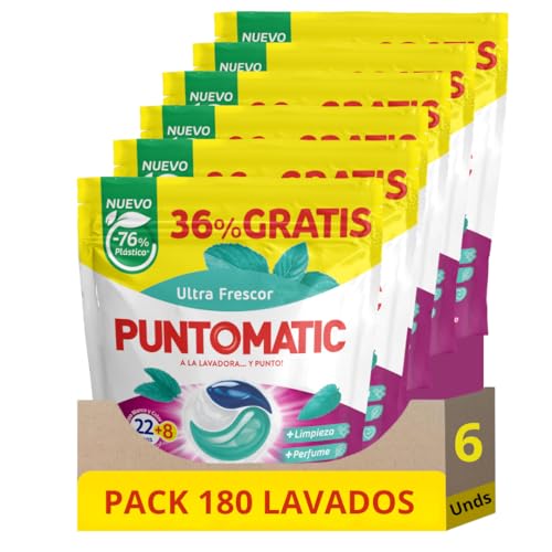 PUNTOMATIC | Cápsulas Tricámara Frescor | Detergente Lavadora para Ropa Blanca y de Color | Quitamanchas | 22 +8 lavados Pack 6 Unidades 180 Lavados (6)