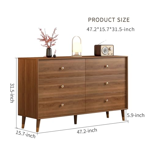 Image of Messenya 6 Drawer Dresser for Bedroom, 47 Inch Walnut Dresser for Closet, Mid Century Wood Chest of Drawers with Natural Texture & Pre-Embedded Slots for TV Stand, Living Room, Hallway, Office