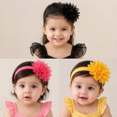 Image of Babymoon Set of 3 | Plain Flowers Soft Synthetic Hairbands for Baby Girls, Infants and Toddlers Headbands | Black-Yellow-Darkpink