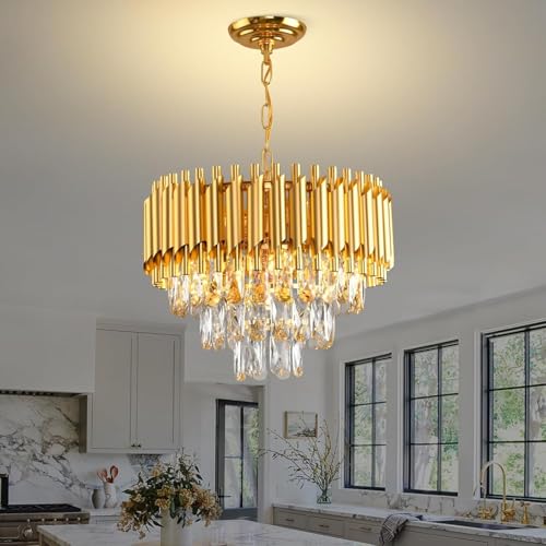 Image of Manraj Modern Crystal Chandelier, 400 mm Round, 3-Tier Pure Gold, K9 Crystal Ceiling Light Fixture for Living Room and Hallway (Pure Gold, 400mm)