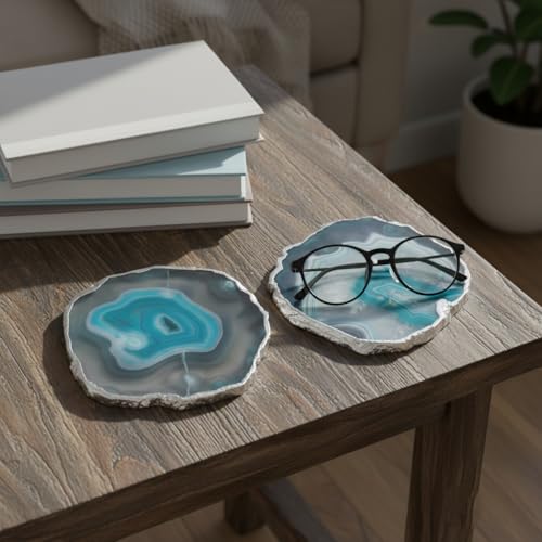 Image of Natural Agate Stone Tea Coasters Set | Premium Stone Coasters for Tea, Coffee & Glass | Heat Resistant Coasters for Dining Table, Office Desk & Home Decor | Pack of 2 | Color -Turquoise