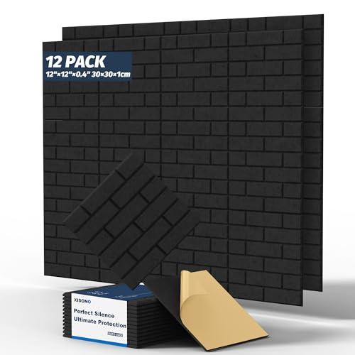 12-Piece Set Akustikpaneele, hochdichte quadratische Akustikfliesen, 12'×12'×0.4'große, ziegelsteinförmige schallabsorbierende Wandpaneele, geeignet für Wohnzimmer und alle Wandflächen.Black